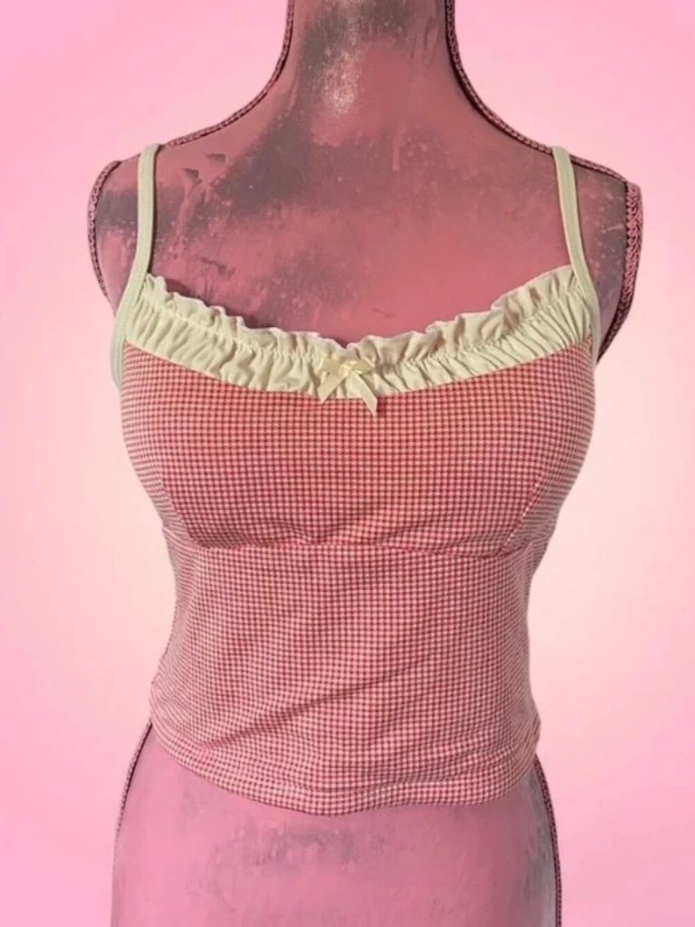 Red and white gingham ruffle tank top